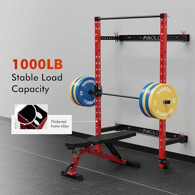 Mikolo 2" x 2" Folding Wall Mounted Squat Rack, 1000 Pounds Capacity Power Rack with Pull Up Bar, J Hooks and Other Attachments, Space-Saving Home Gym