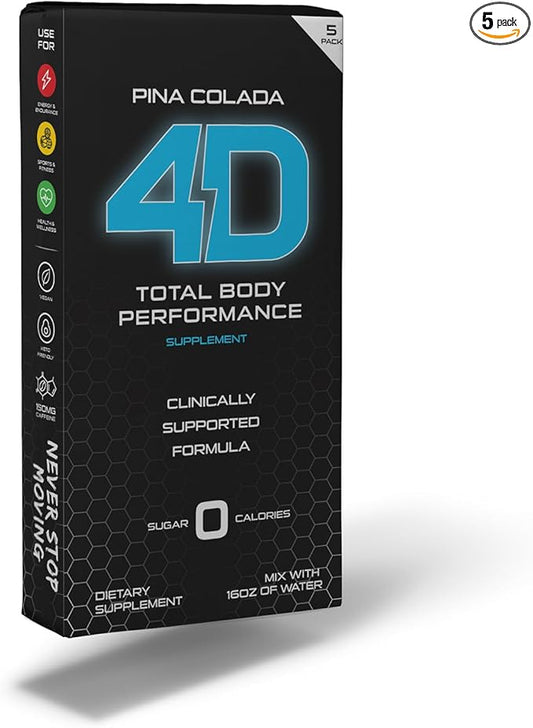 4D Total Body Supplements - Pina Colada 5 Unit Drink Mixes - Electrolytes, Aminos, Vitamins & Energy Powder Packets - Zero Calories & Sugars - Gluten Free, Non-GMO, Keto & Vegan Friendly