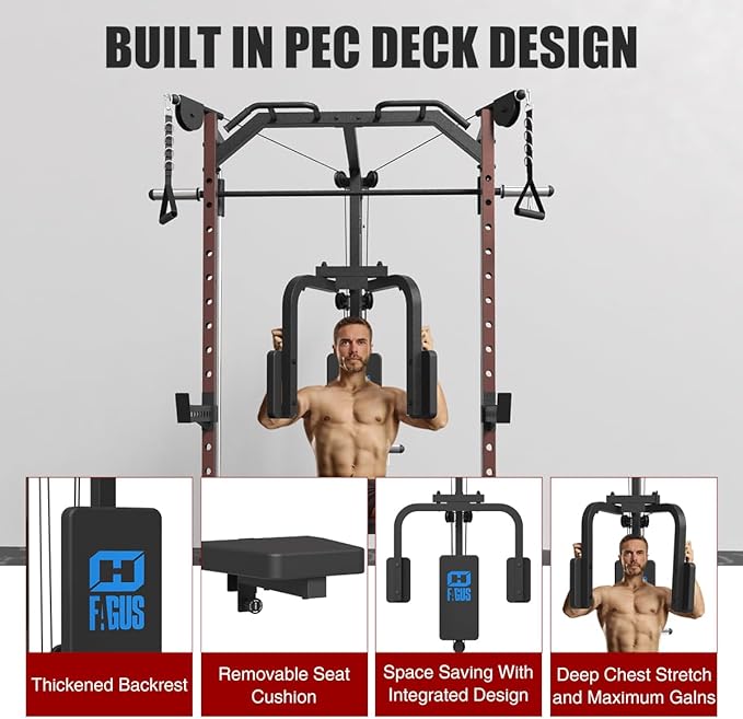 FAGUS Smith Machine Home Gym Power Cage with Pulley System, Space Saving Design Squat Rack with Full Body Strength Training Attachments, PEC Station & Fixed Cable Crossover Optional