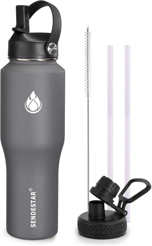 SENDESTAR Water Bottle 32oz,Wide Mouth Stainless Steel Vacuum Insulated Double Wall Keep Liquids Cold or Hot All Day,Sweat Proof Sport Design,Fit Car Cup Holder,2 Lids(Straw and Spout lid)(Gray)