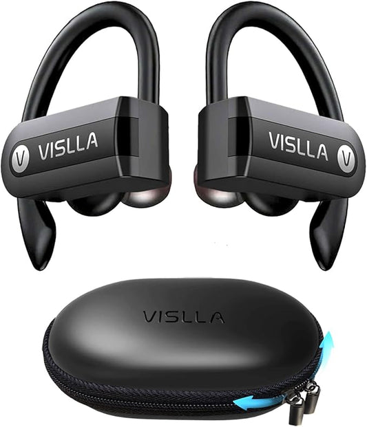 Vislla Wireless Earbuds, Bluetooth Earbuds with Earhooks, 82H Long Battery Life,HiFi Running Headphones with Mic,PU Leather Charging Case,Waterproof Sport Ear Buds for Gym Working Out