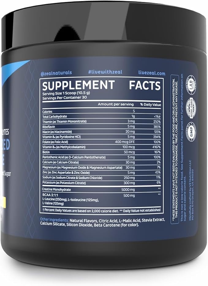 Zeal Electrolyte Powder w/Micronized Creatine (30 Servings | Lemon Sorbet) w 0 Sugar +BCAAs +B-Vitamins Electrolyte Supplement w Potassium Zinc & Magnesium