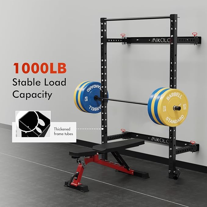 Mikolo 2" x 2" Folding Wall Mounted Squat Rack, 1000 Pounds Capacity Power Rack with Pull Up Bar, J Hooks and Other Attachments, Space-Saving Home Gym