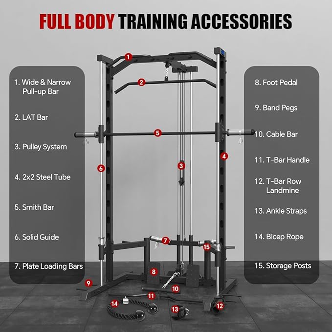 FAGUS Smith Machine Home Gym Power Cage with Pulley System, Space Saving Design Squat Rack with Full Body Strength Training Attachments, PEC Station & Fixed Cable Crossover Optional