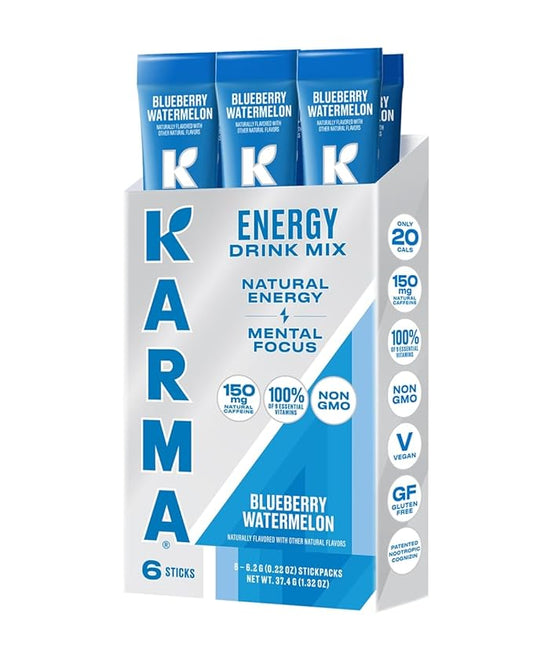 Karma Energy Hydration Packets – 6 Pack, Blueberry Watermelon Drink Mix with Cognizin® Nootropics, Vitamins & Immune Support, Low Calorie