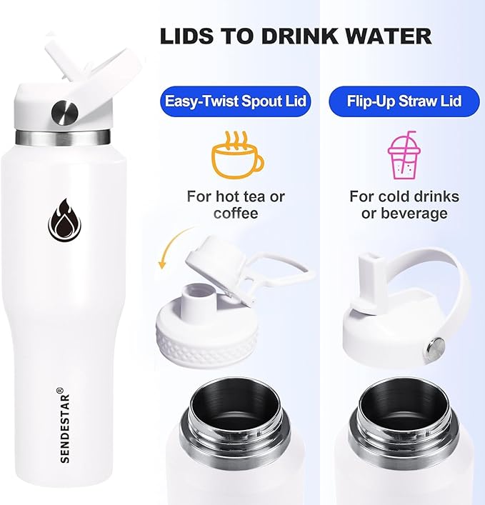 SENDESTAR 40oz Water Bottle Wide Mouth Stainless Steel Vacuum Insulated Double Wall with Straw Lids Fit in Any Car Cup Holder