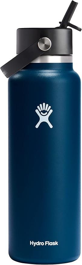 Hydro Flask Water Bottle - Insulated Stainless Steel - Wide Mouth Flex Straw Lid, Non Spill, Leakproof and Refillable in 40 Oz Indigo