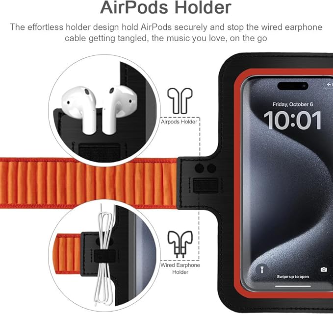 JEMACHE Slim Running Phone Armband for iPhone 17 16 15 14 13 Pro Max, Samsung Galaxy S25 S24 S23 S22 Ultra/Plus with Earphone Holder (Orange) S