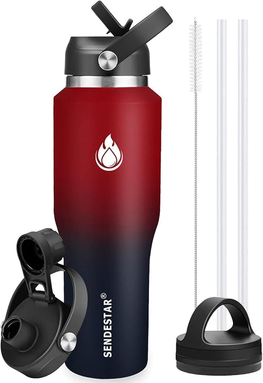 SENDESTAR 40oz Water Bottle Wide Mouth Stainless Steel Vacuum Insulated Double Wall with Straw Lids Fit in Any Car Cup Holder