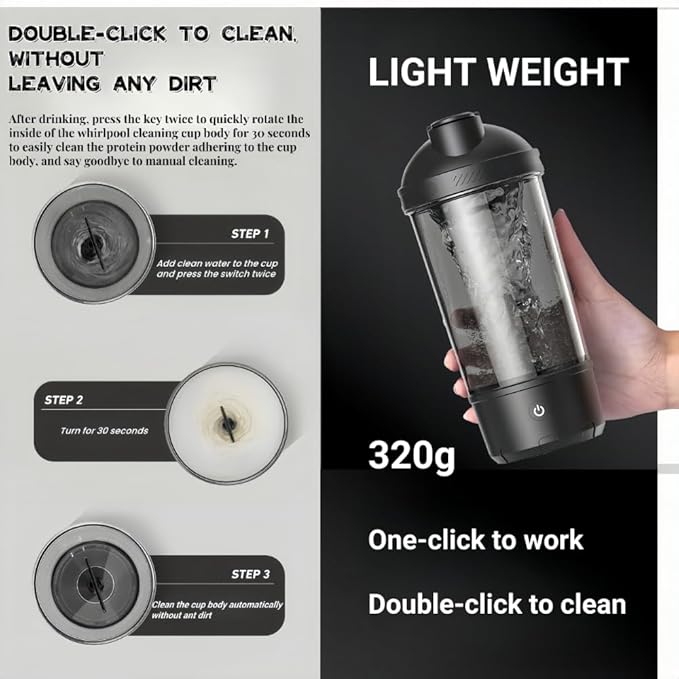 Electric Protein Shaker Bottle Automatic Stirring Mug Tritan Materia Cup Sports Health Cup Waterproof Rechargeable Cup (Black)