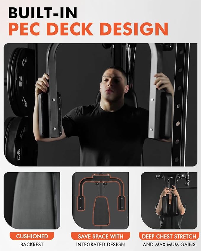 Mikolo All-in-One Smith Machine Home Gym with 230lbs Weight Plates, Power Cage with Cable Crossover, LAT Pulldown, Squat Rack & Adjustable Weight Bench