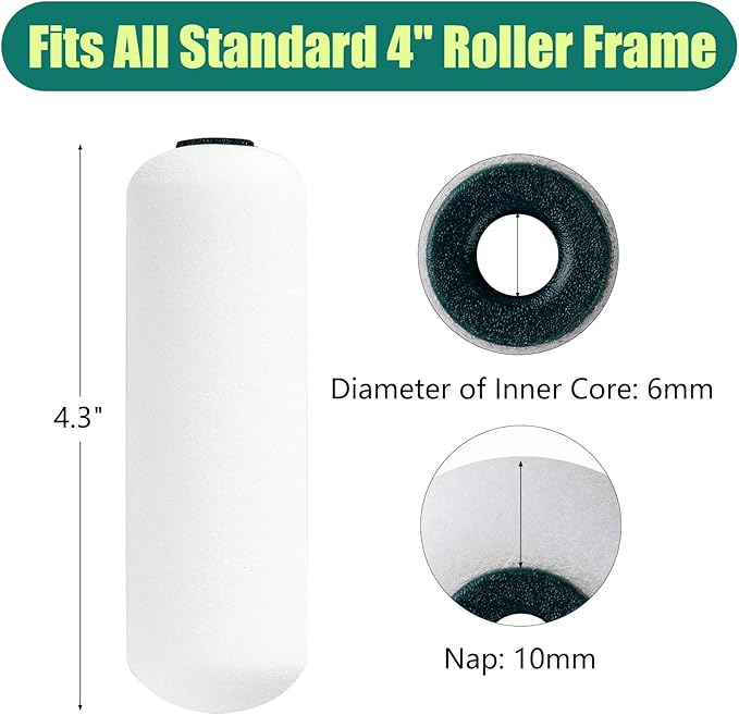 Foam Paint Roller Covers, Paint Roller 4 Inch, 10 Pack, Small Paint Roller, Mini Rollers for Painting, Foam Paint Roller Refills for Smooth Finishes on Walls, Cabinets, Doors