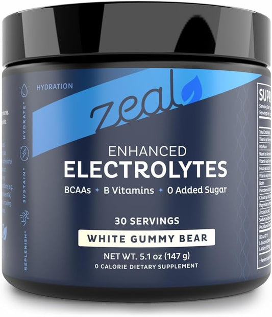 Zeal Electrolyte Powder Recovery Drink (30 Servings | White Gummy Bear) w 0 Sugar +BCAAs +B-Vitamins Electrolyte Supplement w Potassium Zinc & Magnesium