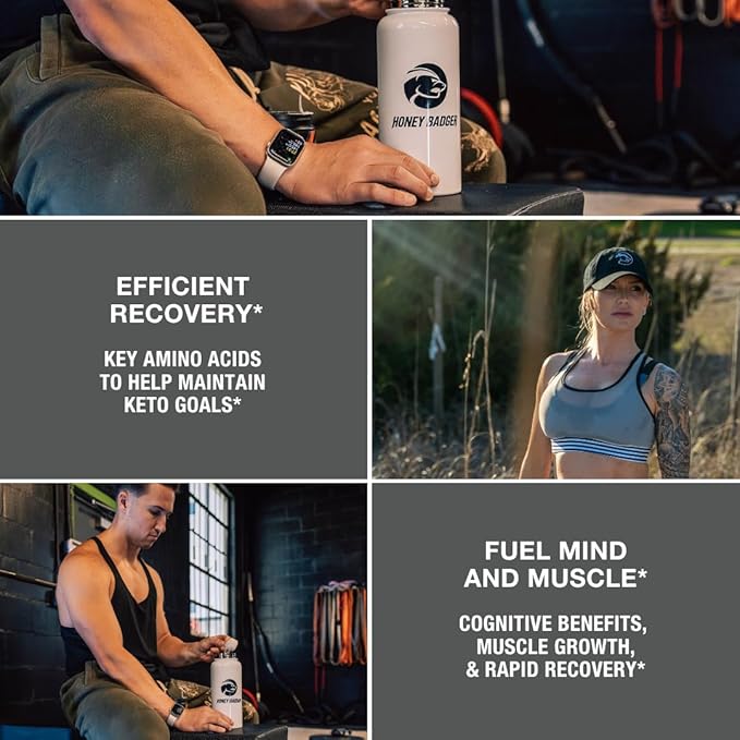 Honey Badger BCAA + EAA Powder | Micronized Creatine Monohydrate | Muscle Growth & Recovery | Natural Recovery for Men & Women | Sugar Free & Paleo | 30 Servings