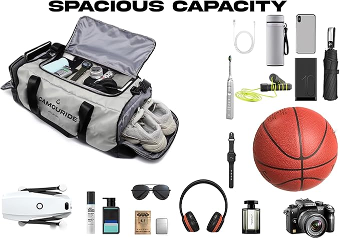 45L Workout Gym Bag for Men & Women – Waterproof Carry On Gym Duffle Bags for Men - Convertible Gym Bag with Shoe Compartment & Wet Pocket for Sports, Weekends & Fitness - Classic Grey
