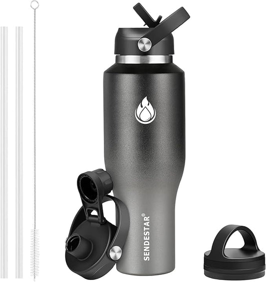 SENDESTAR 40oz Stainless Steel Water Bottle(Cold for 48 Hrs, Hot for 24 Hrs),Double Wall Vacuum Insulated Bottle with Straw Lid, Spout Lid and Flex Cap, Fit in Any Car Cup Holder,Grey-B