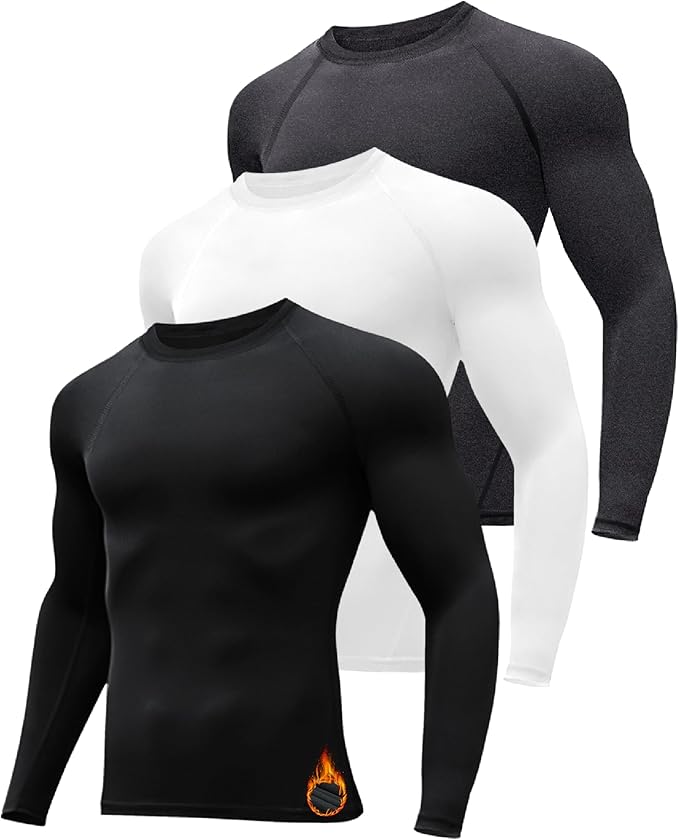 3 Pack Men's Thermal Underwear Shirts Compression Fleece Lined Long Sleeve Athletic Base Layer Cold Weather