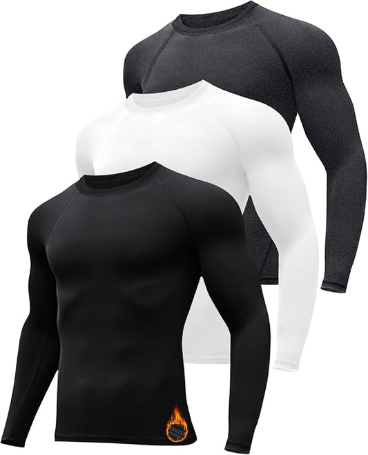 3 Pack Men's Thermal Underwear Shirts Compression Fleece Lined Long Sleeve Athletic Base Layer Cold Weather