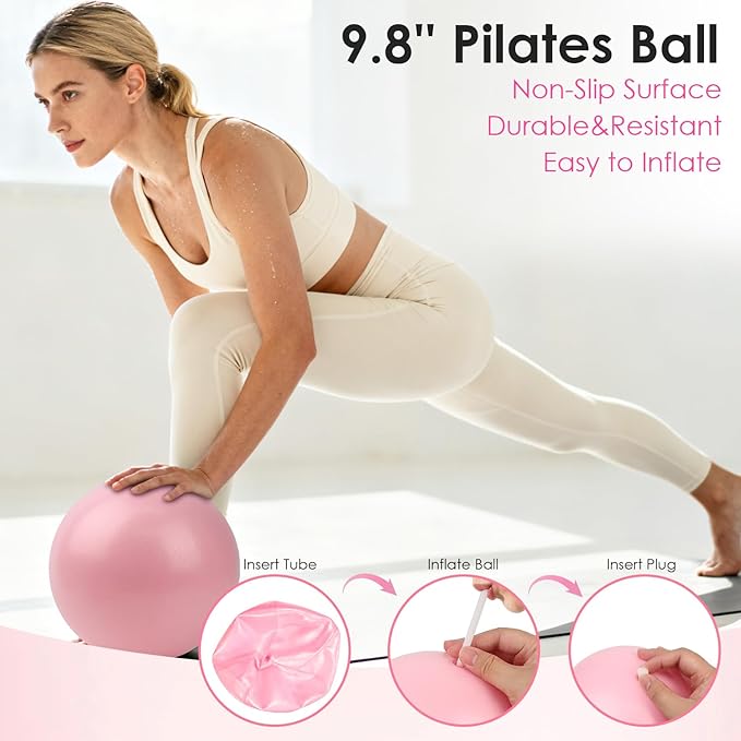 MIELIA 16 PCS Pink Pilates Ring and Ball Set for Women Home Gym, 15-Inch Magic Circle Yoga Ring, Adjustable Ankle Wrist Weights, Sliding Disc, Complete Fitness Equipment for Toning