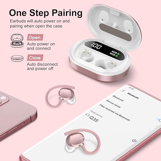 Ear Buds Wireless Earbuds, HiFi Stereo Bluetooth 5.3 Running Headphones with Dual LED Display 30Hrs Playtime, Built-in Mic, Type-C, in-Ear Bluetooth Earphones with Earhooks for Sport, Rose Gold