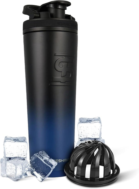 Ice Shaker Insulated Stainless Steel Shaker Bottle | 32oz, Navy/Black | Cold for 30+ Hours | Insulated Cup with Twist-on Agitator | Odor-Free Bottle for Protein Shakes, Water, Smoothies, Cocktails