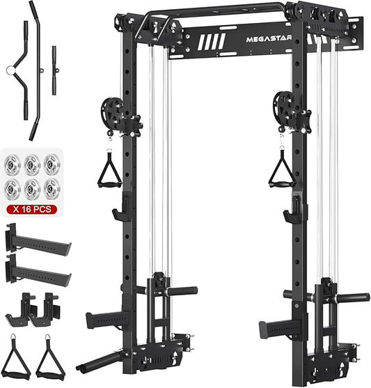Wall Mounted Power Rack – 1600LB Capacity Compact Commercial Home Gym with Dual Cable Crossover, LAT Pulldown, Multi-Grip Pull-Up Bar & Landmine Attachment for Small Spaces, P67 Striker Red