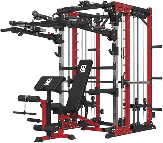 Commercial Smith Machine with Smith Bar, 4000LBS Power Cage Squat Rack with Lever Arm, Leg Press, LAT Pull Down System, Multi-Function Linear Bearing Cable Crossover Machine for Home Gym