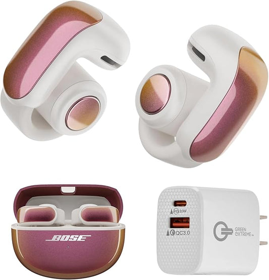 Bose Ultra Open Bluetooth Earbuds, True Wireless Earbuds with OpenAudio for Awareness, Clip On Design for Comfort, Immersive Audio, Up to 48 Hrs of Playtime + 20W Wall Charger (Sunset Iridescent)