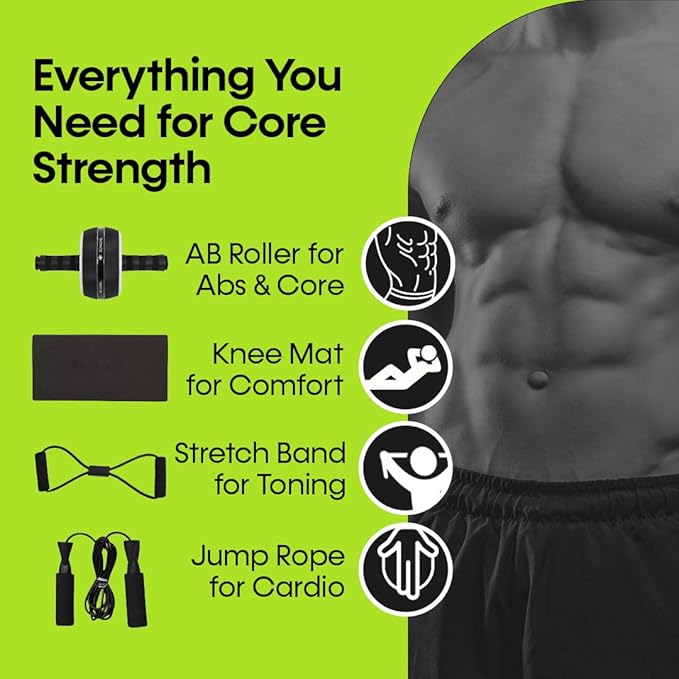 Ab Roller Wheel – 4-in-1 Ab Roller Kit with Knee Mat, Jump Rope & Resistance Band – Core & Abs Workout Equipment for Home Gym – Abdominal Exercise Wheel for Men & Women