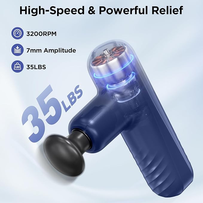 Mini Massage Gun, Powerful Handheld Muscle Massager for Back Pain Relief, Deep Tissue Percussion Small Massage Gun Travel Massager with 4 Massage Heads Silent Brushless Motor, Blue