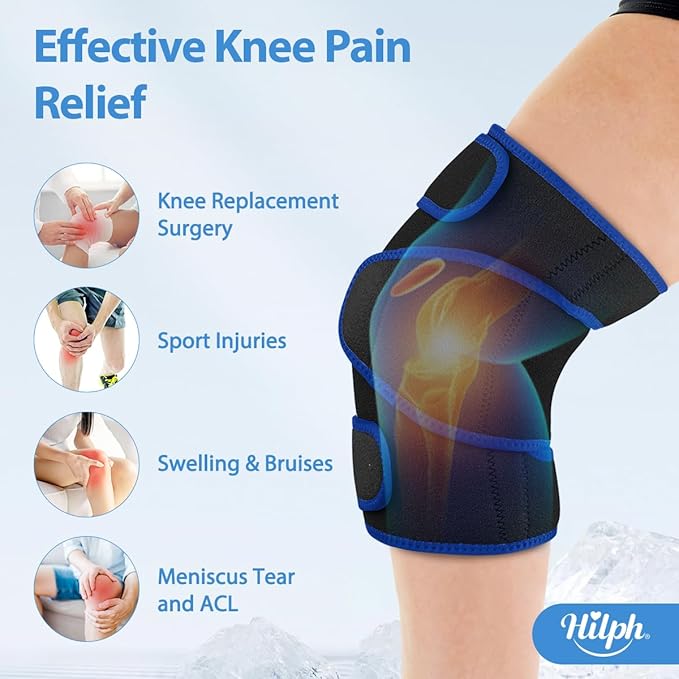 Hilph Large Hot & Cold Therapy Knee Ice Wrap with Dual Gel Packs & Adjustable Brace for Full Knee Coverage, Pain Relief for Replacement Surgery, Arthritis, ACL, Meniscus Tear, Women, Men Black