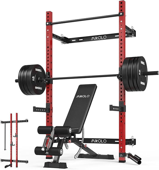 Mikolo 2" x 2" Folding Wall Mounted Squat Rack, 1000 Pounds Capacity Power Rack with Pull Up Bar, J Hooks and Other Attachments, Space-Saving Home Gym