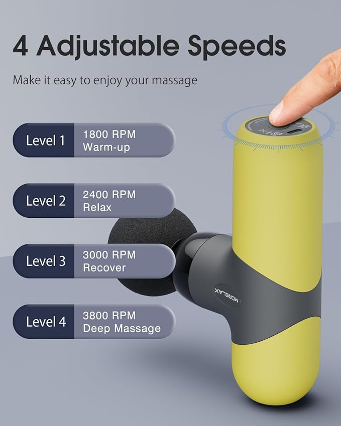 Morelax Mini Massage Gun Portable Deep Tissue Muscle Percussion Massager, Electric Handheld Sport Massager with 6 Massage Heads 4 Speed, Best Gift (Yellow)