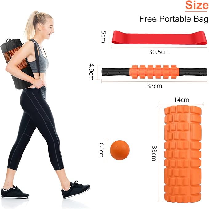 5 in 1 Foam Roller Set Includes Hollow Core Massage Roller, Yoga Stick, Massage Ball, Fitness Stretching Strap, Carrying Bag, Towel, Massage Roller (Orange)