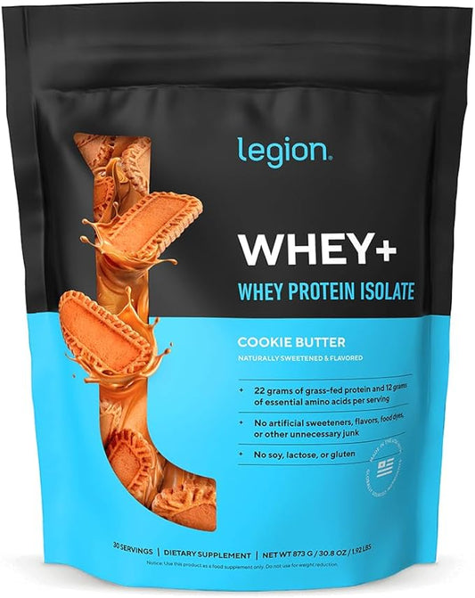 LEGION Whey+ Protein Whey Isolate from Grass Fed Cows - Whey Protein Isolate Powder Low Calorie, Non-GMO, Sugar Free, Lactose and Gluten Free, All Natural Protein Powder 30 Servings (Cookie Butter)