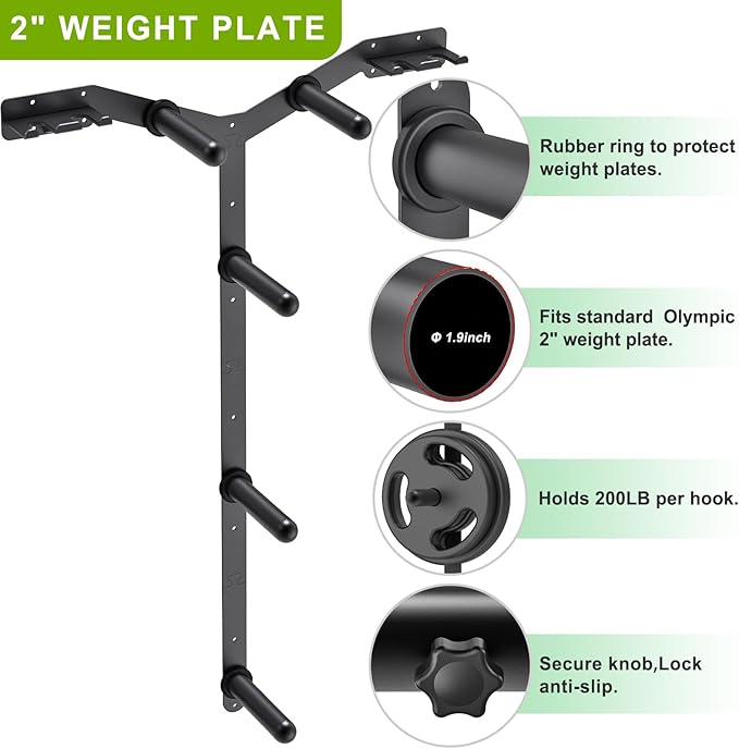 Wall Mounted Weight Plate Rack, Heavy Duty Olympic Barbell Holder & T Bar Row Landmine Attachment, 5 Pegs & 4 Barbell Storage, Space-Saving Home Gym Organizer