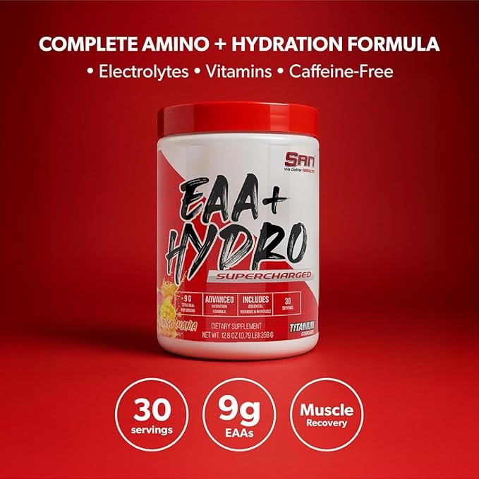 SAN EAA Hydration | EAAs + BCAA| Muscle Recovery & Intra | 9G Essential Amino Acids + Electrolytes | Mango Mania 30 Serving