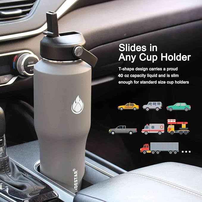 SENDESTAR 40oz Water Bottle Wide Mouth Stainless Steel Vacuum Insulated Double Wall with Straw Lids Fit in Any Car Cup Holder