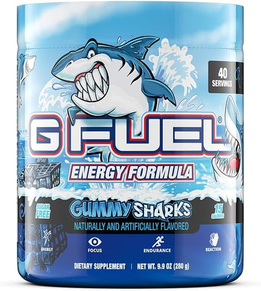 G Fuel Gummy Sharks Energy Drink Powder, Pre Workout Caffeine Mix for Gaming, Sugar Free Focus Amino, Vitamin + Antioxidants, 9.8oz (Gummy Sharks, 40 Servings)