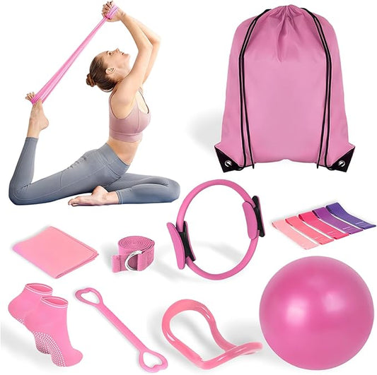Pilates Set for Beginners Home Workouts,Home Beginners Pilates Essentials Kit for Women,Pilates Equipment Set with Mini Yoga Ball,14 Inch Pilates Ring Resistance Band and Accessories