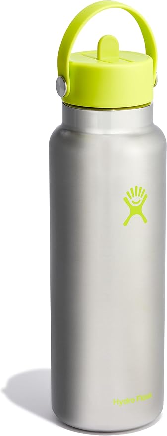 Hydro Flask Water Bottle - Insulated Stainless Steel - Wide Mouth Flex Straw Lid, Non Spill, Leakproof and Refillable in 40 Oz Stainless Steel Lime
