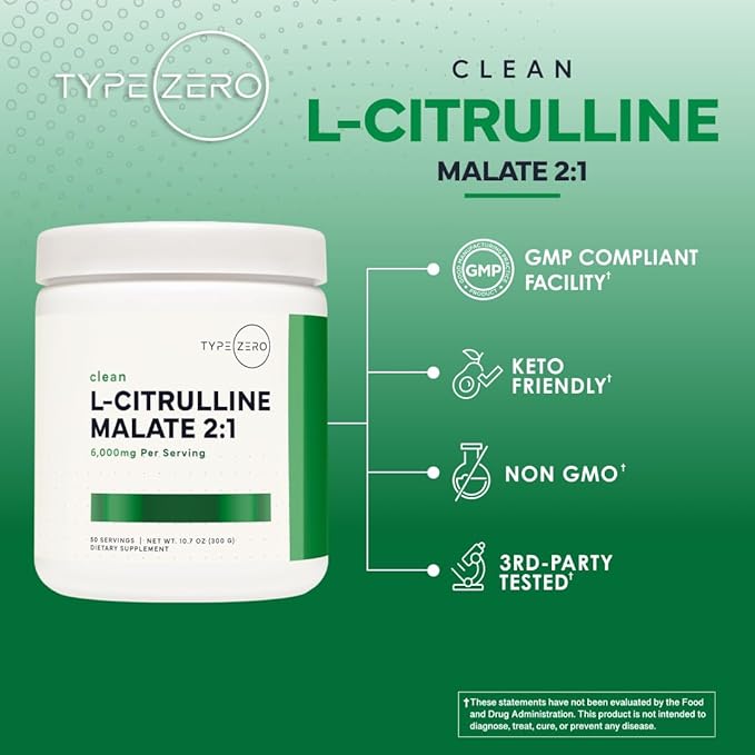 Type Zero L-Citrulline Malate Powder 2:1 6X (300g | 6000mg Per Serving | Unflavored) Ultra Clean L Citrulline, Nitric Oxide Booster, Pre Workout - Nitrous Oxide Vasodilator Supplement