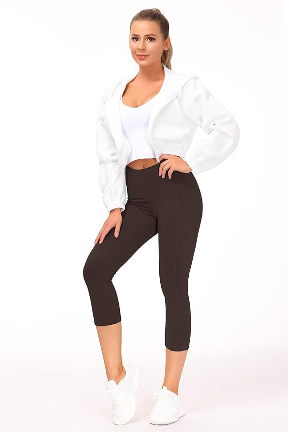 THE GYM PEOPLE Thick High Waist Capris Yoga Pants with Pockets, Tummy Control Workout Running Yoga Leggings for Women