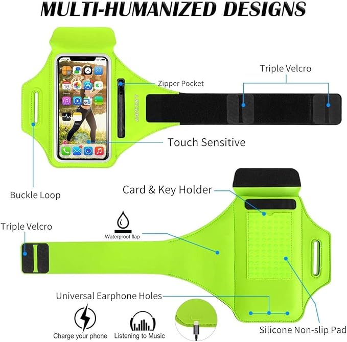 Cell Phone Running Armband with Zipper Pocket Armband Case Running Holder for iPhone 16 Pro Max/15/14 Pro Max/13/12 /11 Pro Max/XS/XR,Galaxy S20 S10,Sweatproof Arm Band with Card/Key Bag