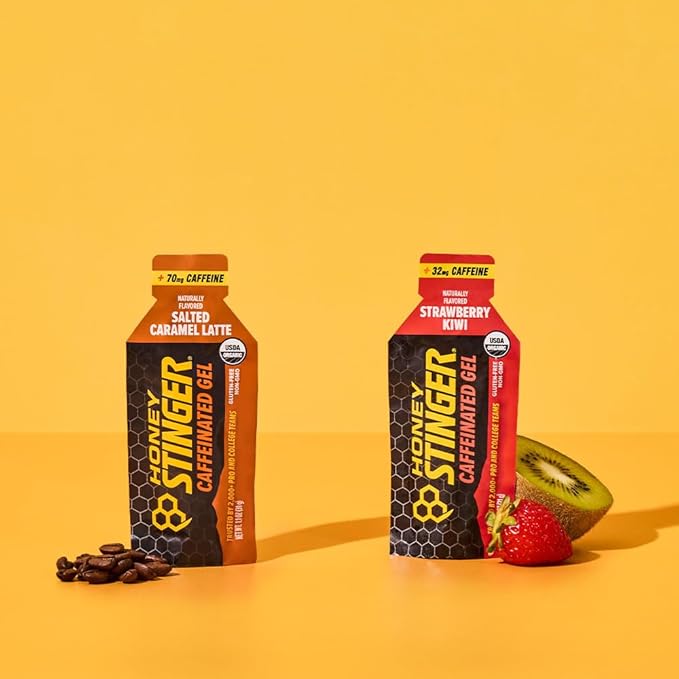 Honey Stinger Caffeinated Organic Energy Gel Variety Pack, 12 Packs Each of Salted Caramel Latte & Strawberry Kiwi, Caffeinated & Gluten Free, for All Exercises, Sports Nutrition for Home & Gym