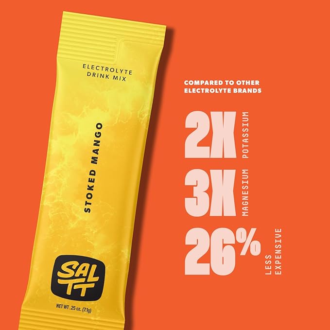 SALTT Electrolytes Powder Flavored Drink Mix - Stoked Mango - 30 Hydration Packets - Magnesium, Potassium, Sodium, Trace Minerals - Zero Sugar & Gluten Free - Travel Essentials