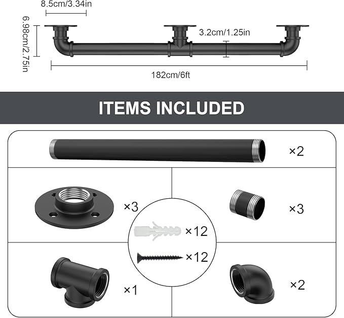 6FT Industrial Stair Railing Wall Mount Staircase Handrail φ1.3" Pipe Hand Rail for Steps Grab Bar Foot Rail Vintage Pipe Railing Black Deck Handrail for Outdoor Indoor Stairs Porch