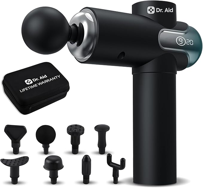 Dr. Aid Massage Gun – Deep Tissue Muscle Massager Gun for Pain Relief, 8 Heads, AI-Powered 9-Speed Smart Levels, Quiet & Powerful Motor, 6-Hour Battery Life, Travel Case Included, Black