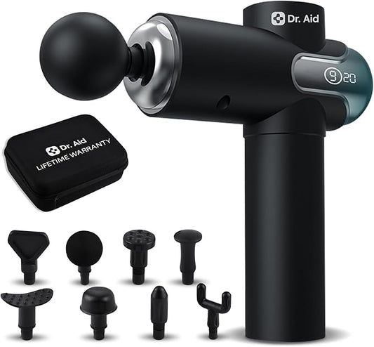 Dr. Aid Massage Gun – Deep Tissue Muscle Massager Gun for Pain Relief, 8 Heads, AI-Powered 9-Speed Smart Levels, Quiet & Powerful Motor, 6-Hour Battery Life, Travel Case Included, Black