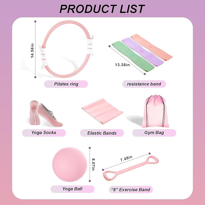 Luscinia Pilates Equipment Kit for Women Home Pilates Essentials Set with 14" Pilates Ring Circle 7" Pilates Ball Pilates Resistance Bands Figure 8 Band and Accessories Pink Pilates Kit for Beginners